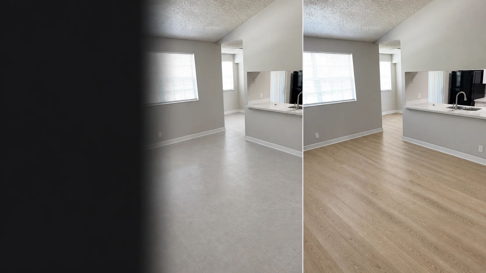 Static comparison of the same room with two floor finishes