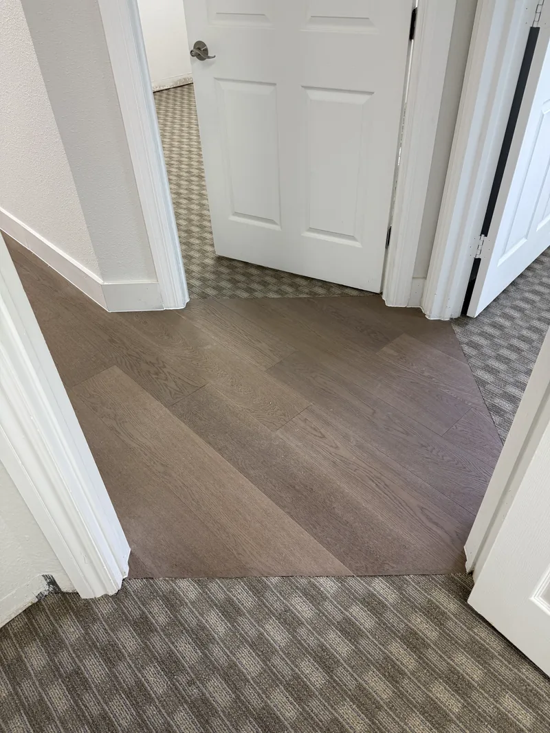 Corridor where the carpet tile zone meets the wood-look vinyl floor at the baseboard line