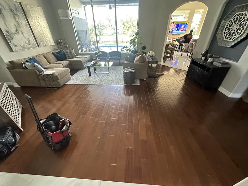 Living room documenting the dark-toned flooring direction