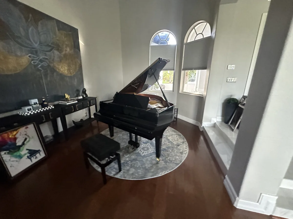 Music room with dark-toned flooring and a grand piano