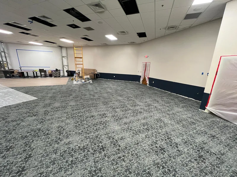 Carpeted hall documented from a second view of the current project stage